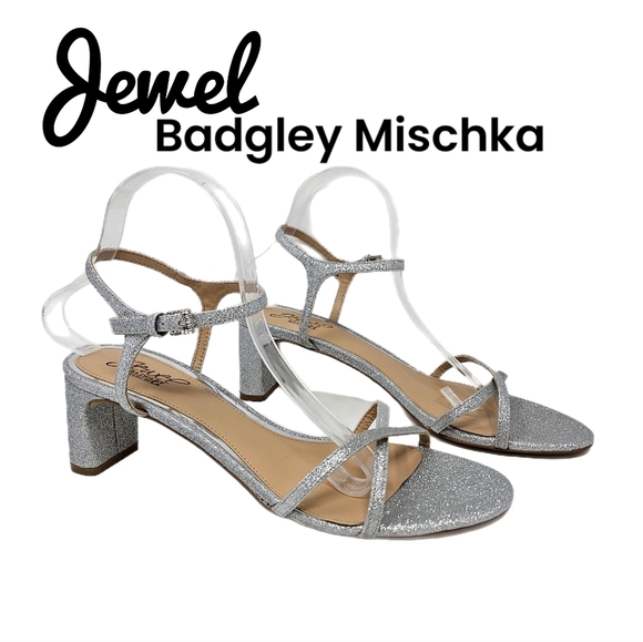 Jewel Badgley Mischka Omari Womens Silver Sparkle Sandel Sz 10 Wedding Black Tie - Picture 1 of 11